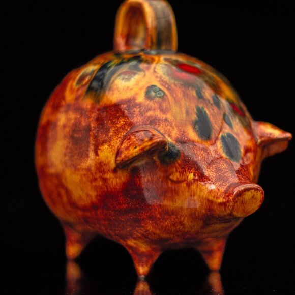Vintage Handcrafted Ceramic Piggy Bank With Handle and Abstract Glaze Design - Picture 11 of 11